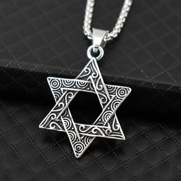 Vintage style Engraved Six Point Star of David Hexagon Pendant Necklace Jewelry - Picture 4 of 5
